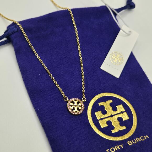 NEW Tory Burch Miller Pave Logo Delicate Necklace Gold Pink Crystal 18K Gold - Picture 5 of 7